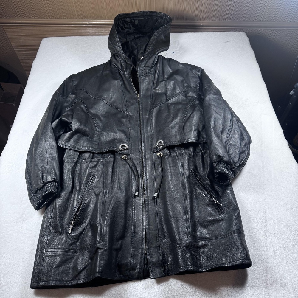 G-III Coat Womens‎ Large Black Leather Hooded Mid Length Zip Winter Parka